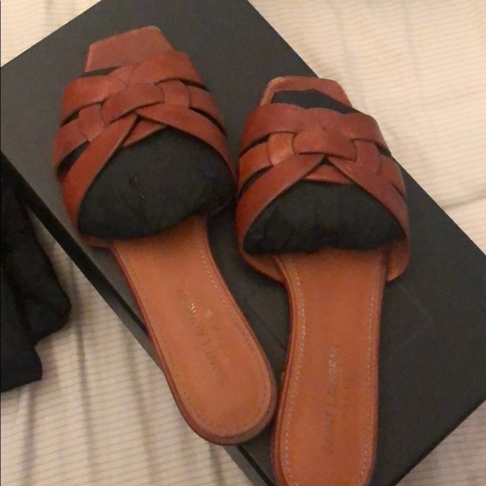 Saint Laurent Brown Braided Leather Slide Sandals